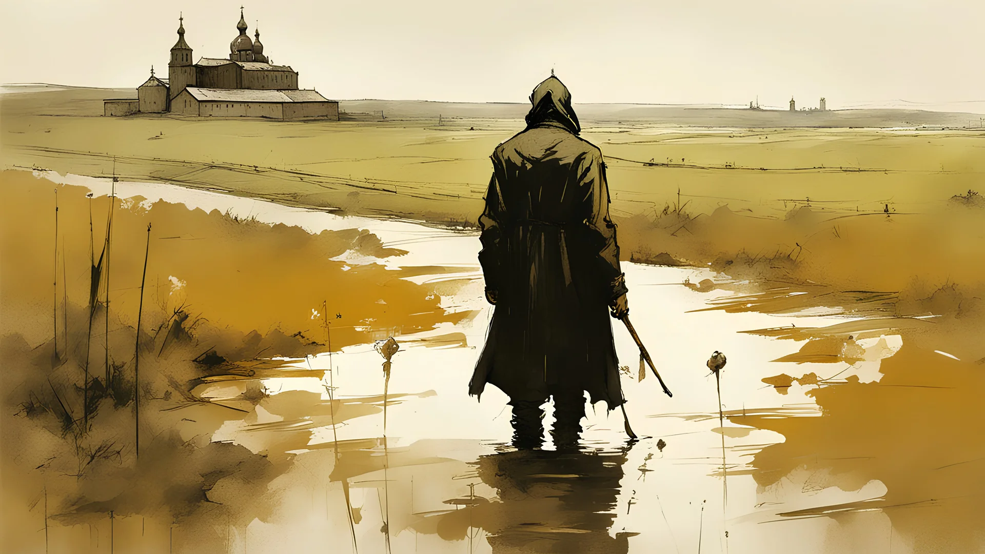 A man in a raincoat, a field, an embankment, against the background of a distant ancient Russian monastery, post-apocalypse, thick black penci, by Ashley Wood