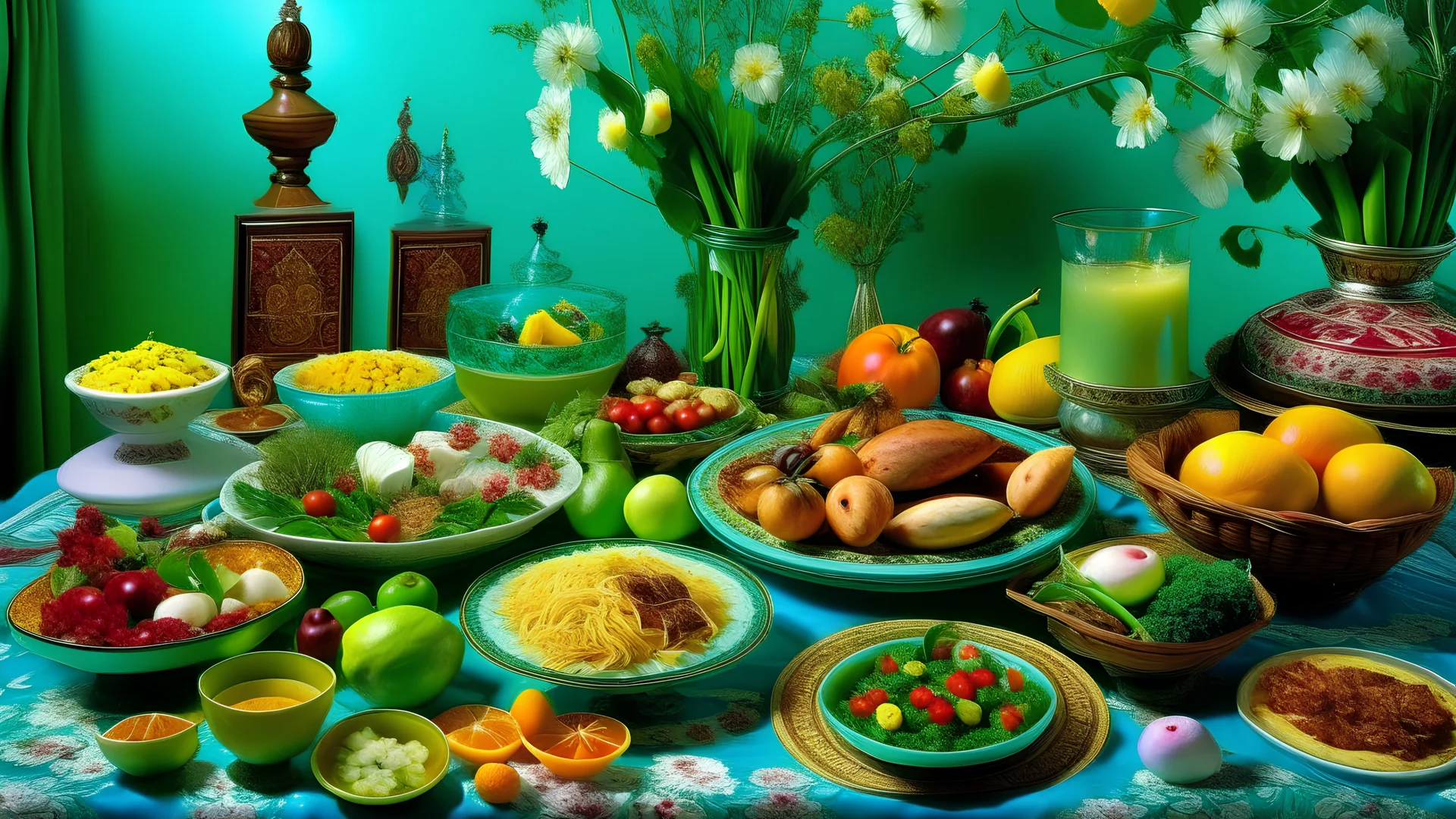 Generate an image that captures the essence of Norooz, the Iranian traditional New Year celebration, showcasing the vibrant and festive atmosphere of this cultural event. Include elements such as a beautifully decorated Haft Sin spread, symbolizing the seven items starting with the Persian letter 'S,' representing different aspects of life and nature. Highlight customs like the spring cleaning, the gathering of family and friends for the Haft Sin ceremony, and the joyous spirit of renewal and ho