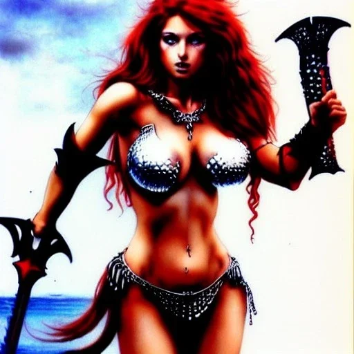 Epic full body picture portrait of busty atletic young beautiful Red Sonja Luis Royo styles