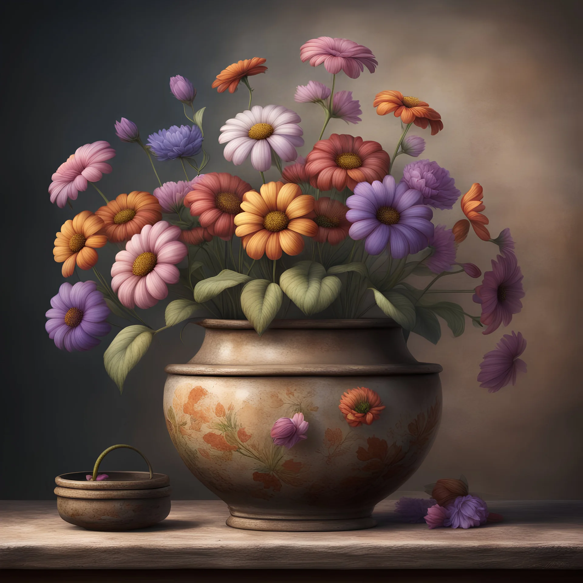 flowers in an old vessel , illustration 4k resolution