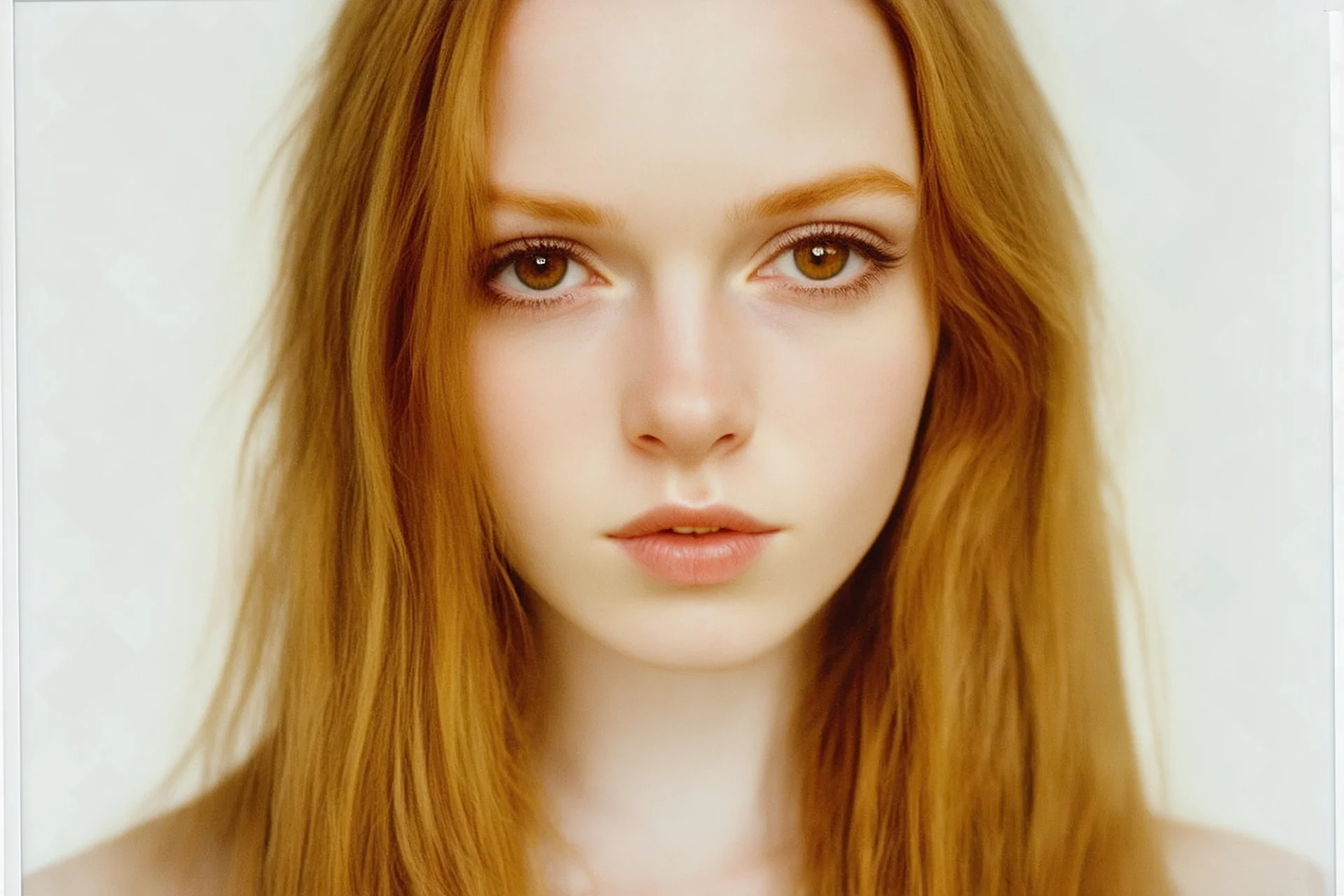 Polaroid, lily cole,,cheveux long blonds , yeux marron, petit nez, visage poupin, , fond blanc, grunge