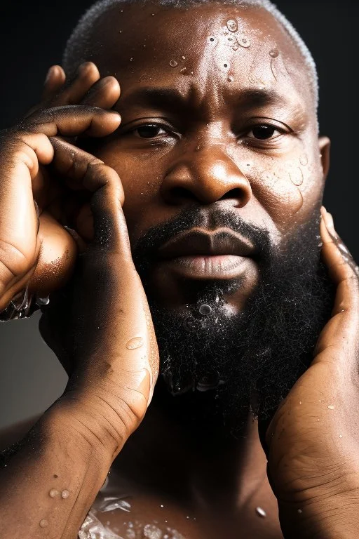 close up 48 years old nigerian carpenter man hands behind the head , in an abandoned warehouse, serious, bearded burly chubby , serious eyes, under the shower, wet, dripping water, manly torso, photorealistic, 50mm photo, ambient occlusion , side view from the ground