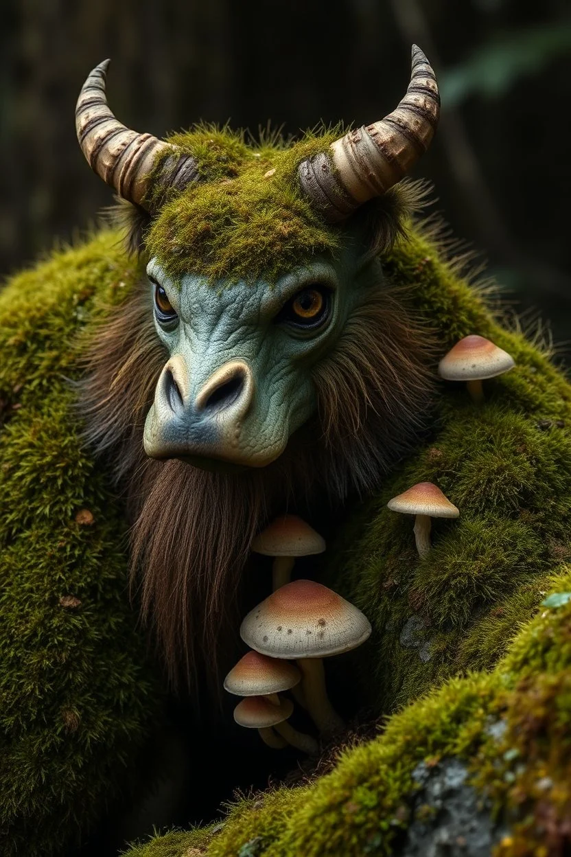 beast Soft, moss-covered skin, mushroom growths along their shoulders, eyes like calm ponds.