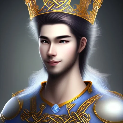 magnifique bel homme asiatique souriant ,yeux bleus,avec vetement et couronne celtique,cheveux clairs