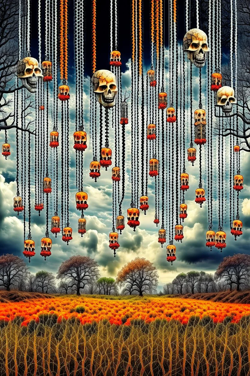 surreal multiplicity of the self, a windchime of bones, inverse gravity, skull fruits dangle from floating trees, roots naked to the cloud, fractal limbs bare, detailed, vast horizon. grim ambiance but vibrant colors