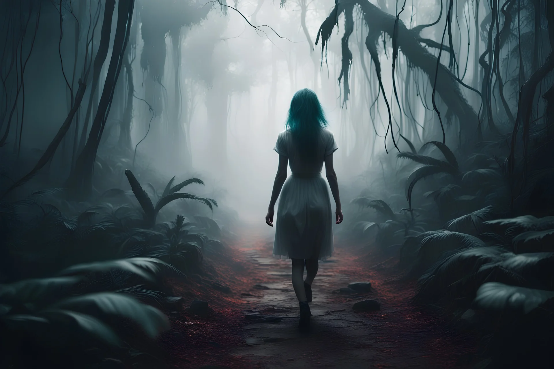 realistic scene surrealis horror girl walking in the jungle path, bold mist, fog, cinematic, dramatic lighting