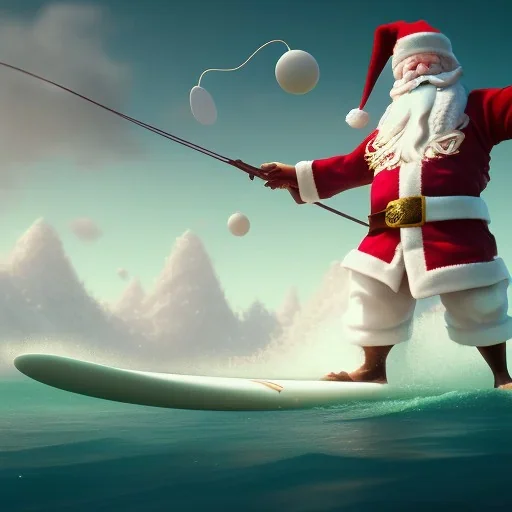 Santa standing of surfboard surfing a big wave, surfboard, beach, character design by cory loftis, fenghua zhong, ryohei hase, ismail inceoglu and ruan jia. unreal engine 5, artistic lighting, highly detailed, photorealistic, fantasy