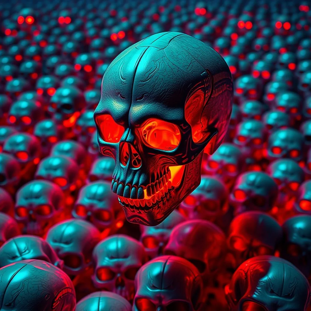 a field of 1000s of psychedelic psilocybin induced anatomically correct, skulls, vivid RANDOM BRIGHT neon colors, dark comedy, well lit, high detail, photorealistic, horrorcore, fun, scary, none featured, each a different color or hue, close to anatomically correctA MECHANICAL NON HUMAN SKULL AND DARK SLIMEY AND GIVING BIRTH SHARKS TEETH with a touch of H.R. Giger's biomechanical aesthetic. Hyperdetailed and rendered in 8k resolution, a true masterpiece. hyperdetailed intricately