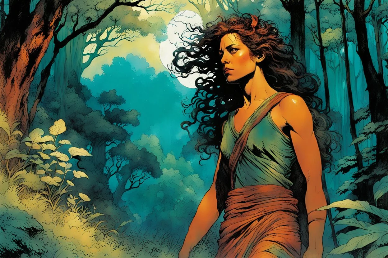 create a wildly conceptual closeup full body print illustration of a female Etruscan huntress with highly detailed hair and feminine facial features, in an ethereal, otherworldly ,ancient Spring forest , in the comic book art style of Bill Sienkiewicz, Mike Mignola, Sparth, Maxfield Parrish, and Jean Giraud Moebius, finely textured, drawn, colored, and inked, suffused with dramatic natural light