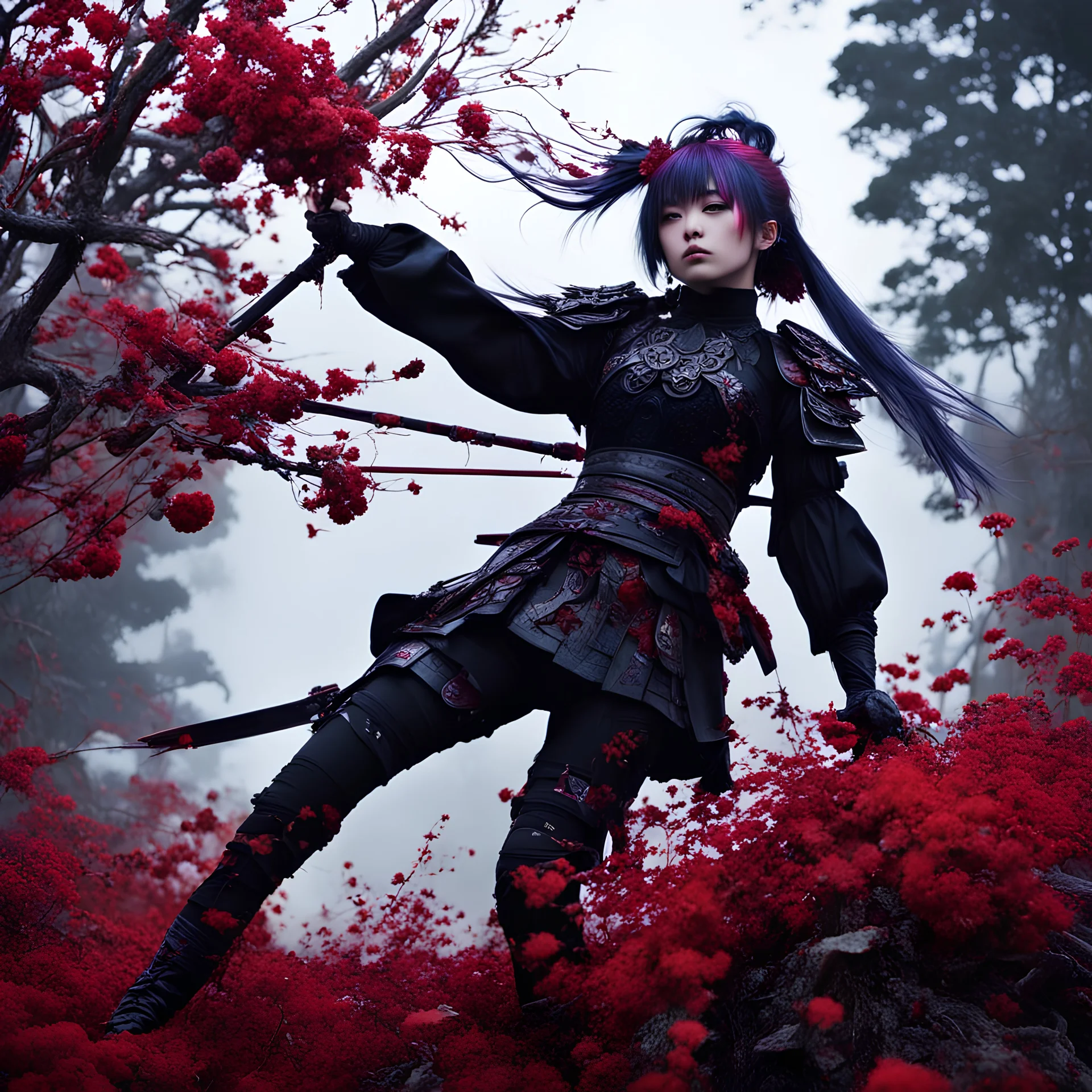 Petit girl goth, falling pose, halfbody, samurai iridescent, blood, futuristic, guts, wildflower, cosmic, intricate, darkred tones, nature, plants,