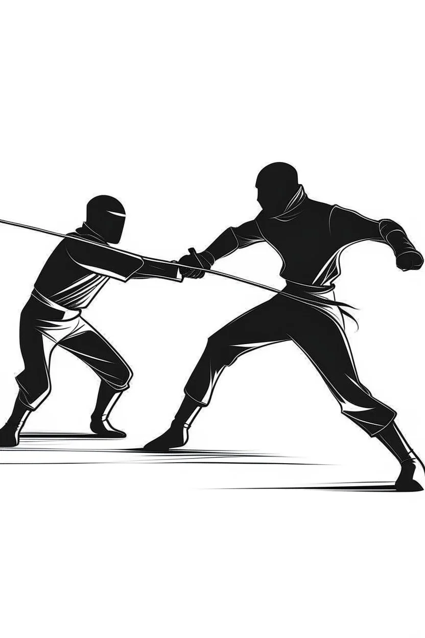 Two fencers in traditional fencing gear lunging at each other in a dynamic pose. Style: Minimalist Line Art, Mood: Elegant and Focused, Lighting: Dramatic spotlight, T-shirt design graphic, vector, contour, white backgrou