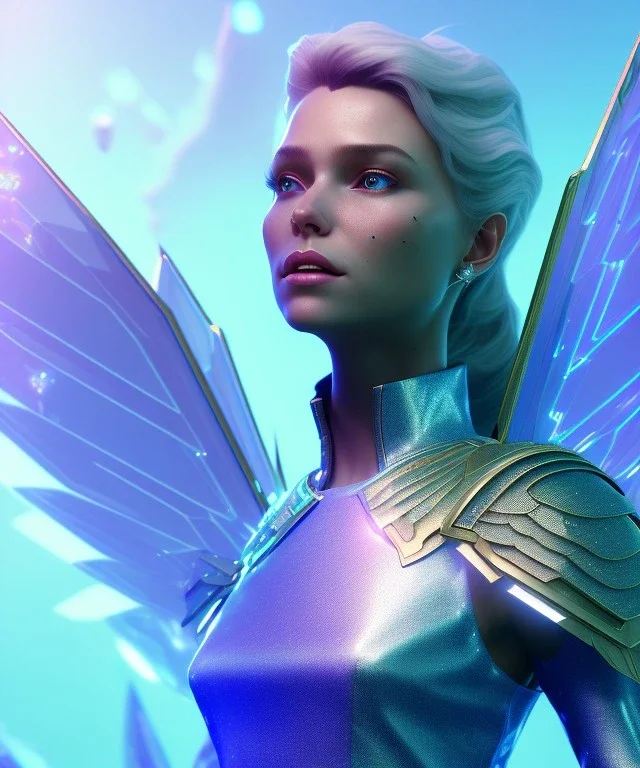 A crystalised queen, atmospheric, realistic, unreal engine, cinematic lighting, octane render. blue, pink, transparency, light, shine,bright, full body, transparent wings, blonde, long hair, nice smile