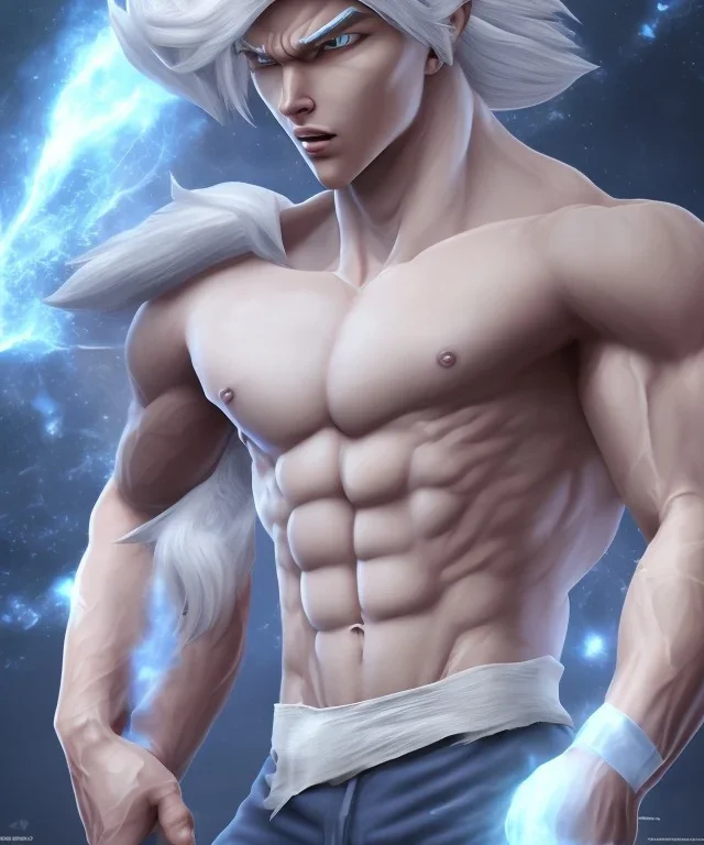 Goku avatar style, white hair, fighting pose, muscular body, shirtless, volumetric details, hyper realism, unreal engine 5