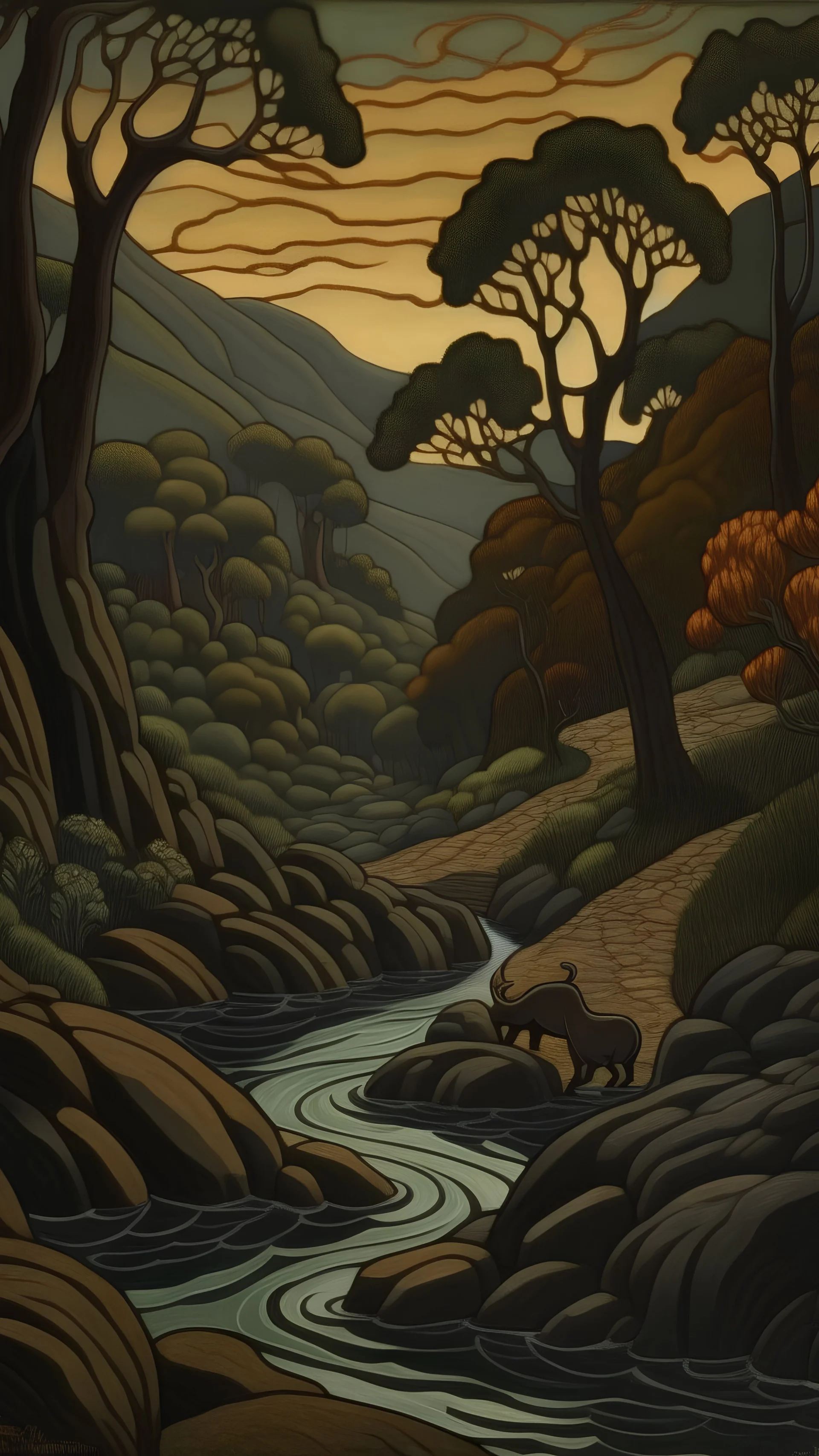 A dark grayish brown canyon with tar pits painted by Paul Ranson