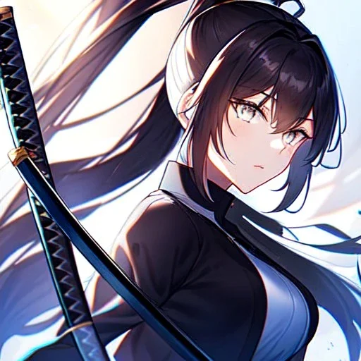 8k, high quality, detailed, beautiful lighting, vibrant colors, black long hair, vibrant white eyes, girl, ponytail, holding katana