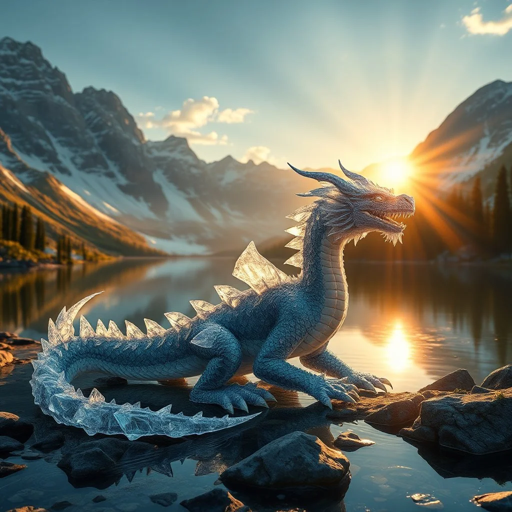 Award-winning Ultra-realistic fantasy wildlife photography of a majestic crystal dragon resting beside a pristine alpine lake, breathtaking gemstone scales reflecting dramatic sunrise light, extraordinary realism, captured as if photographed in the wild by a National Geographic photographer, cinematic atmosphere, ultra detailed, masterpiece,, 64k