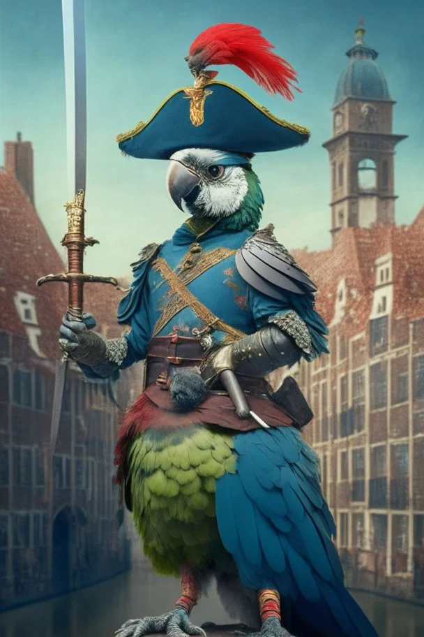 Half parrot half human in a 1700s Dutch military uniform holding a sword next to a Dutch city