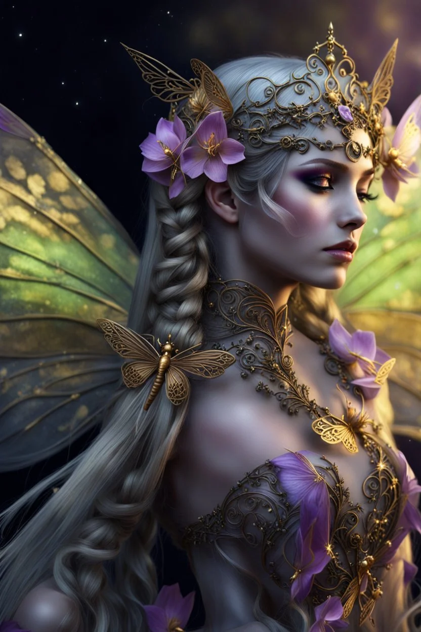 Violet hair, bronze, gold blonde hair , dark gold ,goldy,gold, Fairy wings,long hair,water lilies,dark fairy princess,nymph,elven crown,dragonflies,tiara,,gothic,glitter,rapunzel hair, very long hair, sparkle,night,fireflies,butterflies,orchids,dark gold,