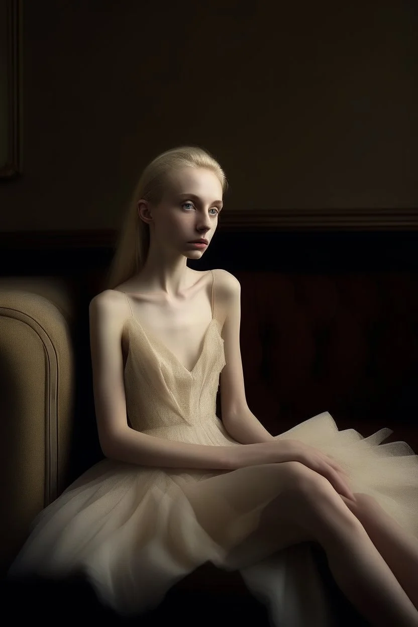 beautiful girl on sofa, anorexic, ballet dress, photorealistic, blond hair to chin, hanalei reponty