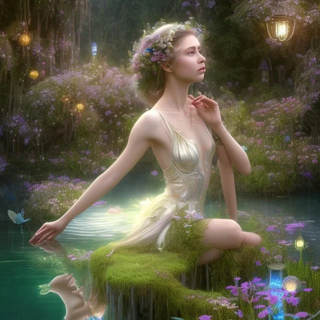 high-quality, fine-detail beautiful, stunning fairy sitting beside a clear, reflective lake, flowers, butterflies, small globes of iridescent light, tranquil, gorgeous, 8k resolution, 3D octane render, intricate, digital art, detailed matte, volumetric lighting, George Grie, Anne Dittman, Anne Stokes, Lisa Parker, Selina French,