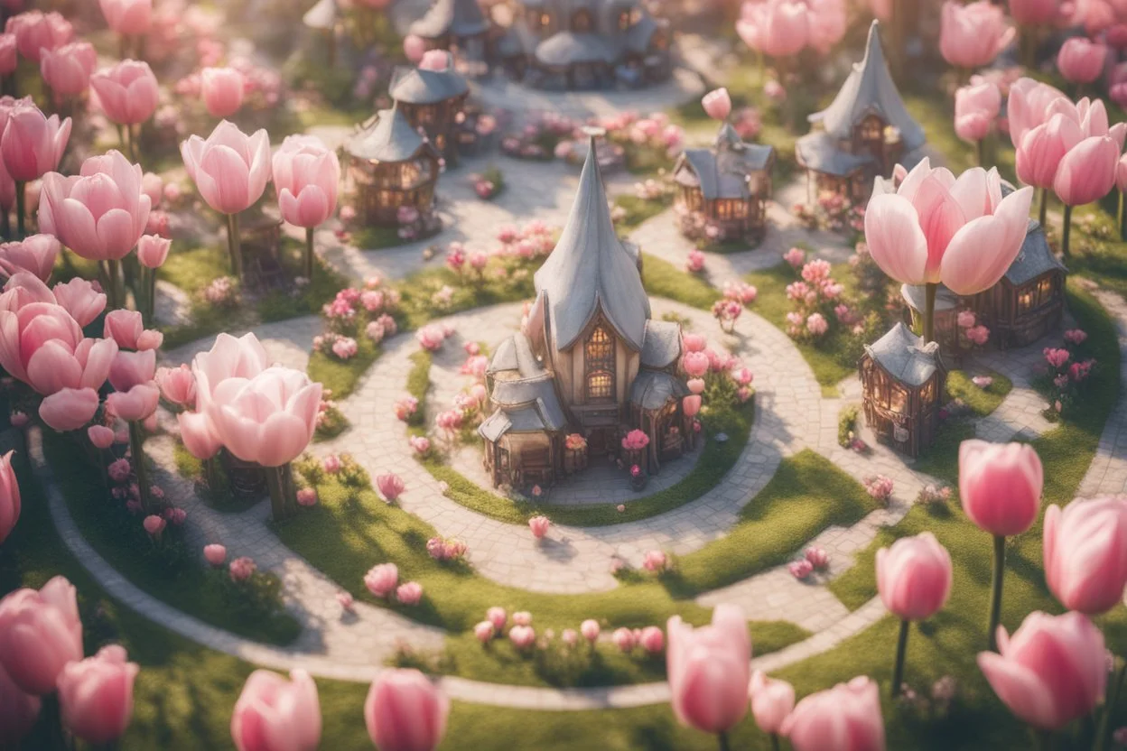 Top view of a cute elf village in the middle of a tulip blossom, shops, park, fountain, elves, in sunshine, ethereal, cinematic postprocessing, bokeh, dof