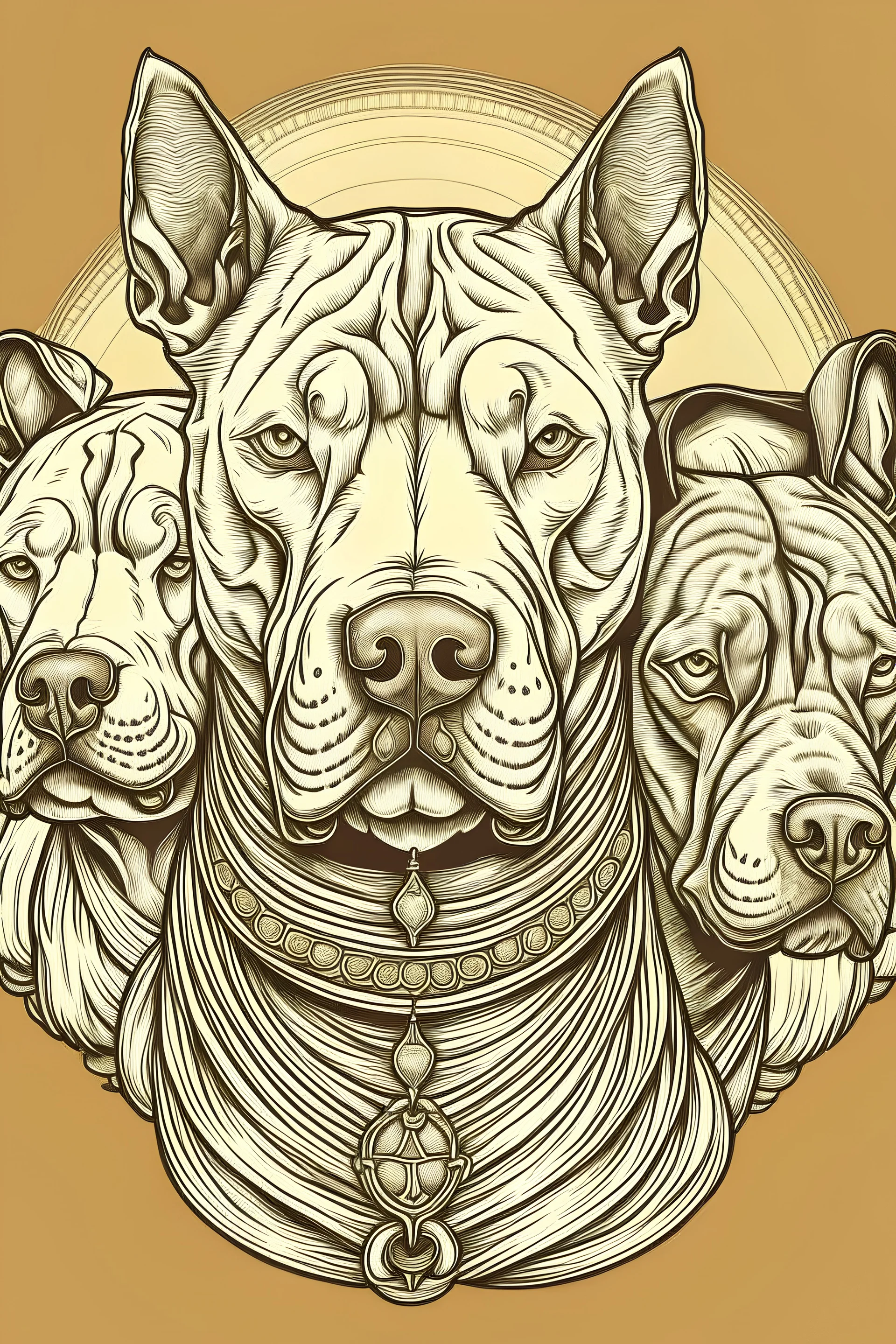 Three headed pitbull in medieval style drawing