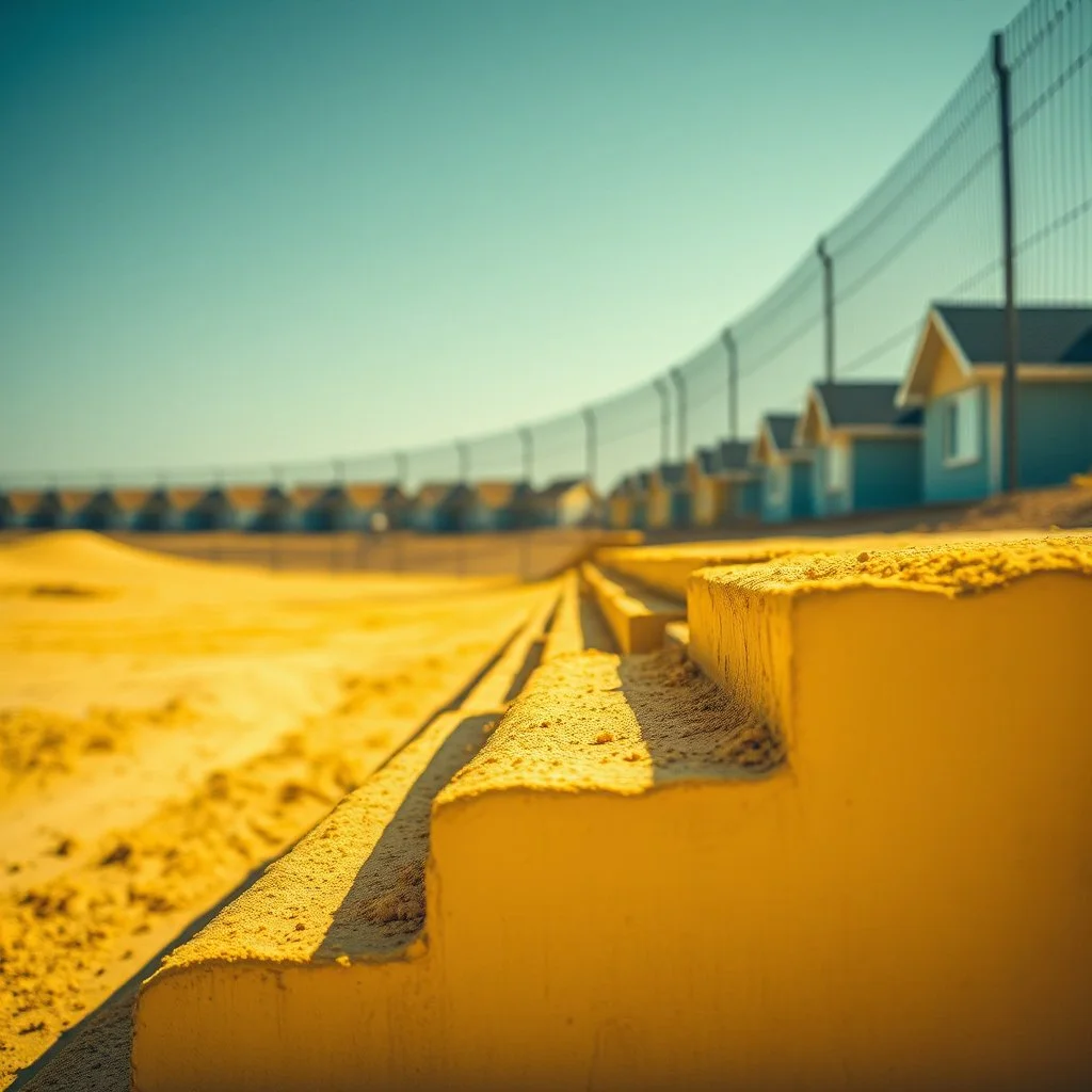 Photograph, wasteland, noon-light, huge fence in the background, bright, brutalist steps, yellow, daylight, details of the powder very accentuated, high contrasts, fence, powder, aluminum, row of houses, close-up of an surface, glossy, organic, strong texture, fiotti.