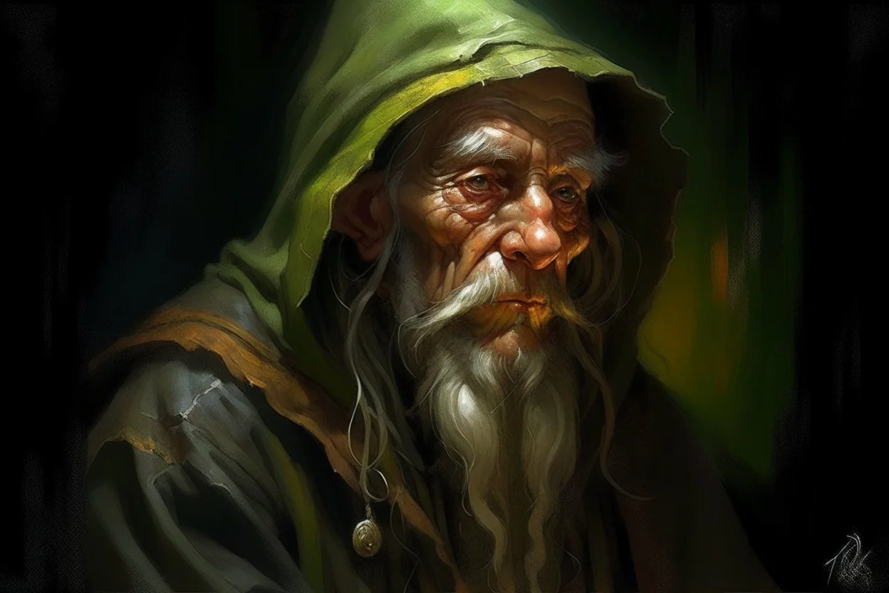 1970's dark fantasy cover dnd style oil painting frontal profile picture of an old herbalist hobo like hero.