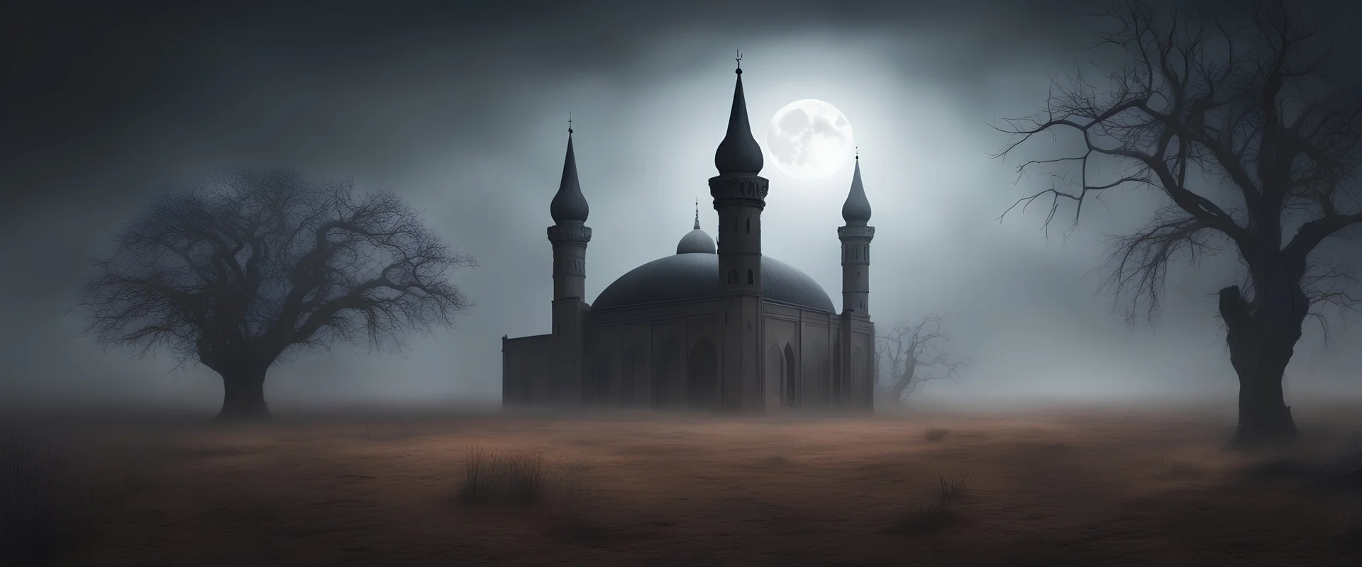 Hyper Realistic Haunted Dark Mosque between a Field with dry old tree at heavy foggy night