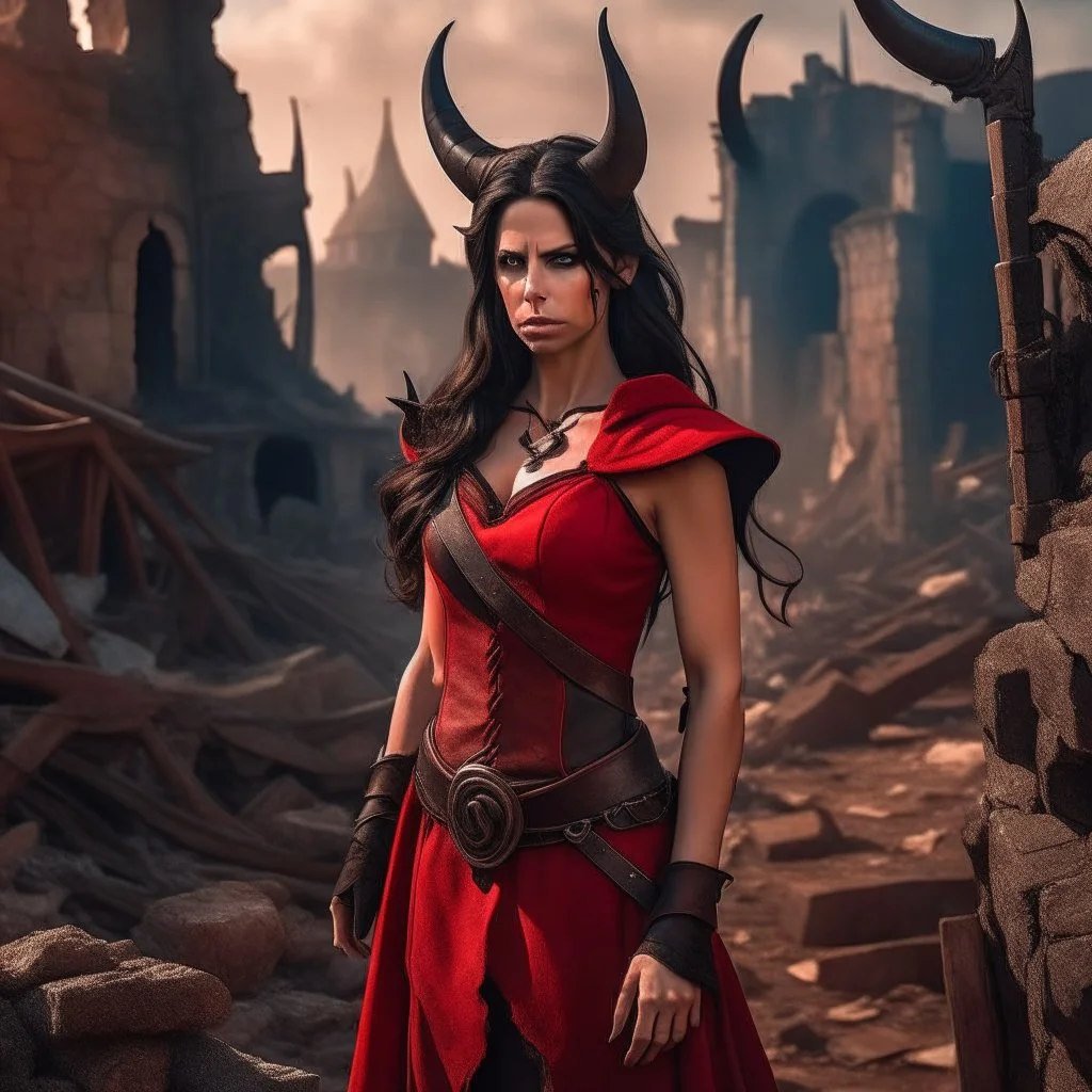 a beautiful tiefling woman with dark hair in a sleeveless battle outfit, amidst the ruins of a medieval town destroyed by war, photo quality, the whole scene in dark red colors