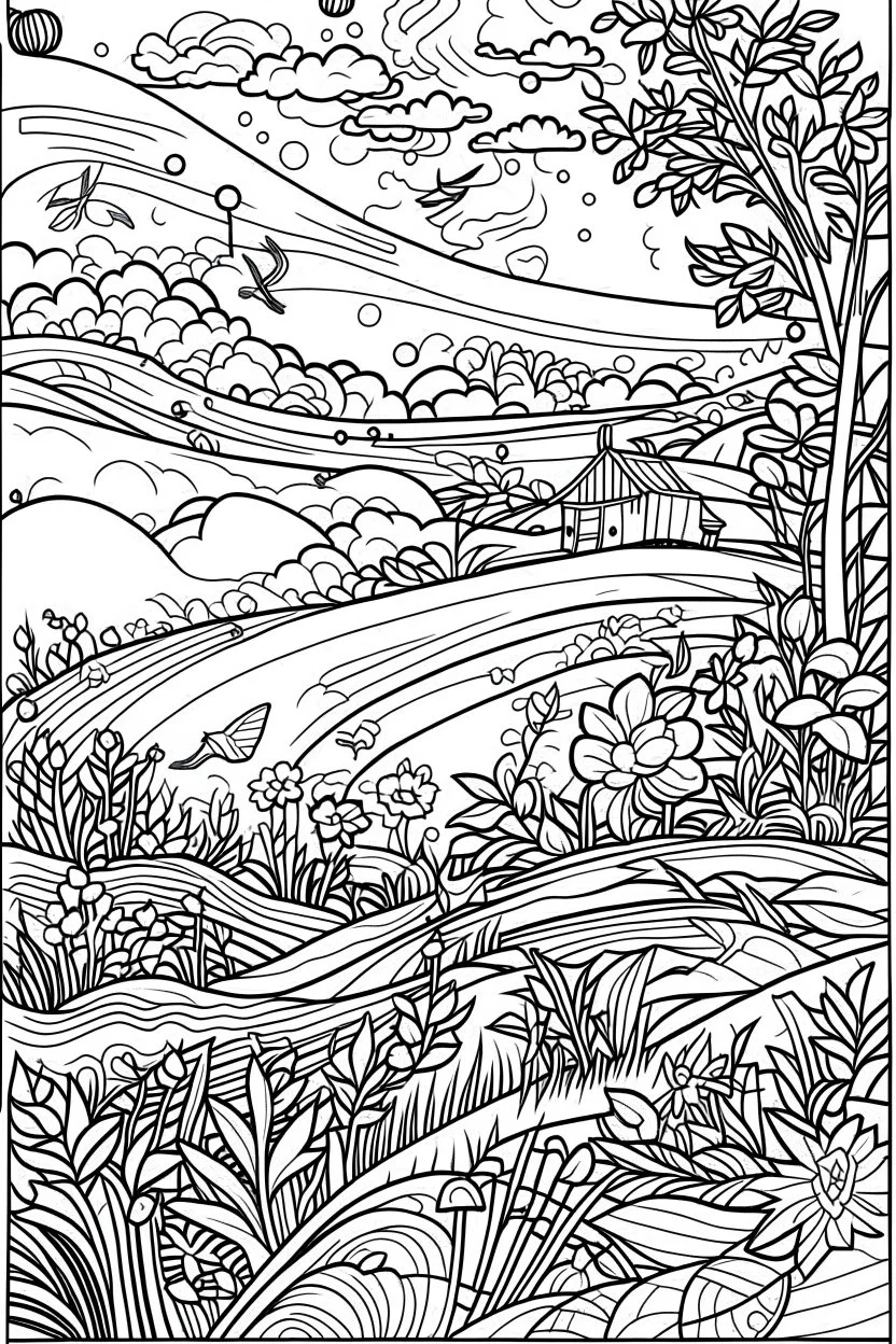 freedom, coloring book page, simple and clean line art, adult drawing book, low details, black and white, crisp black lines, no shades, sharp lines, coloring book for adults, cartoon style, landscape