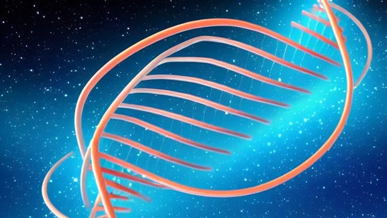 DNA double helix floating in space with the stars and planets