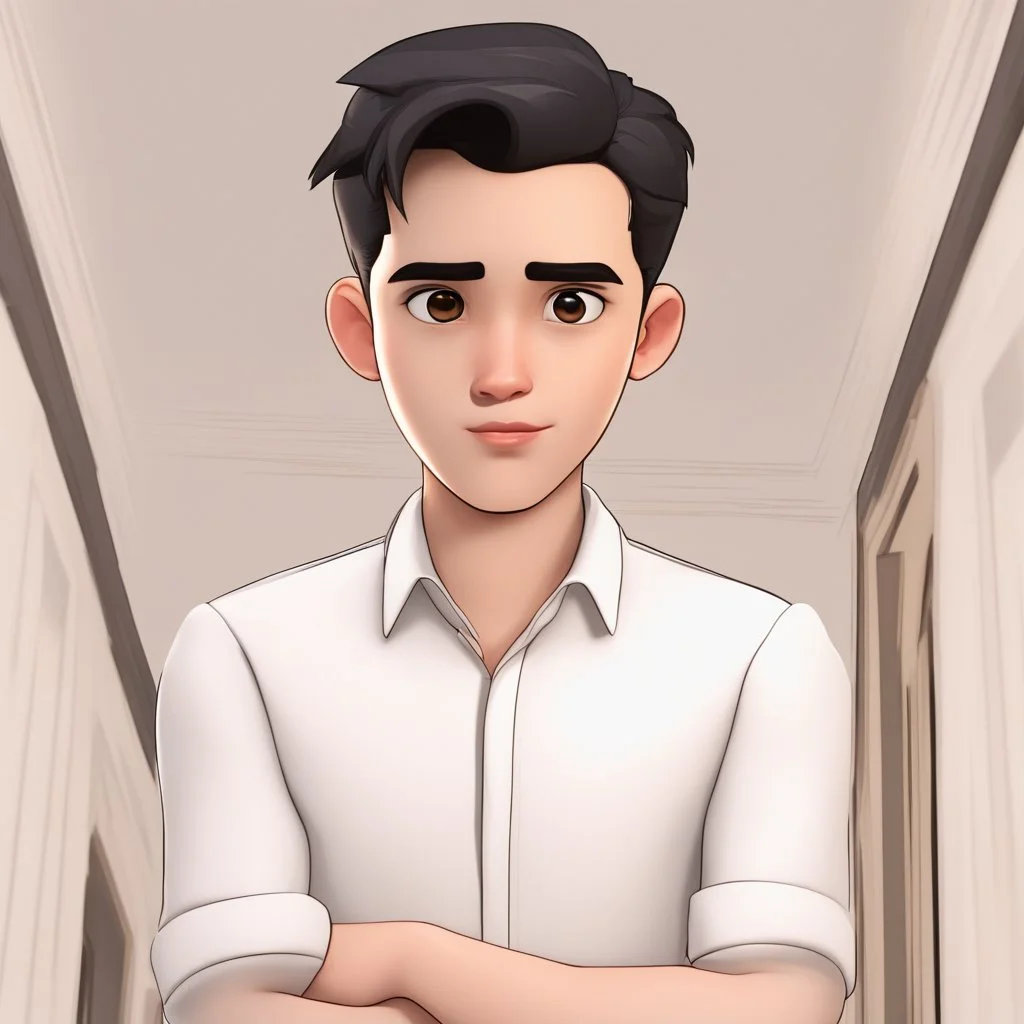 a man wearing white formal shirt. black short hair. light brown skin. black eye pupils. disney 3d style.