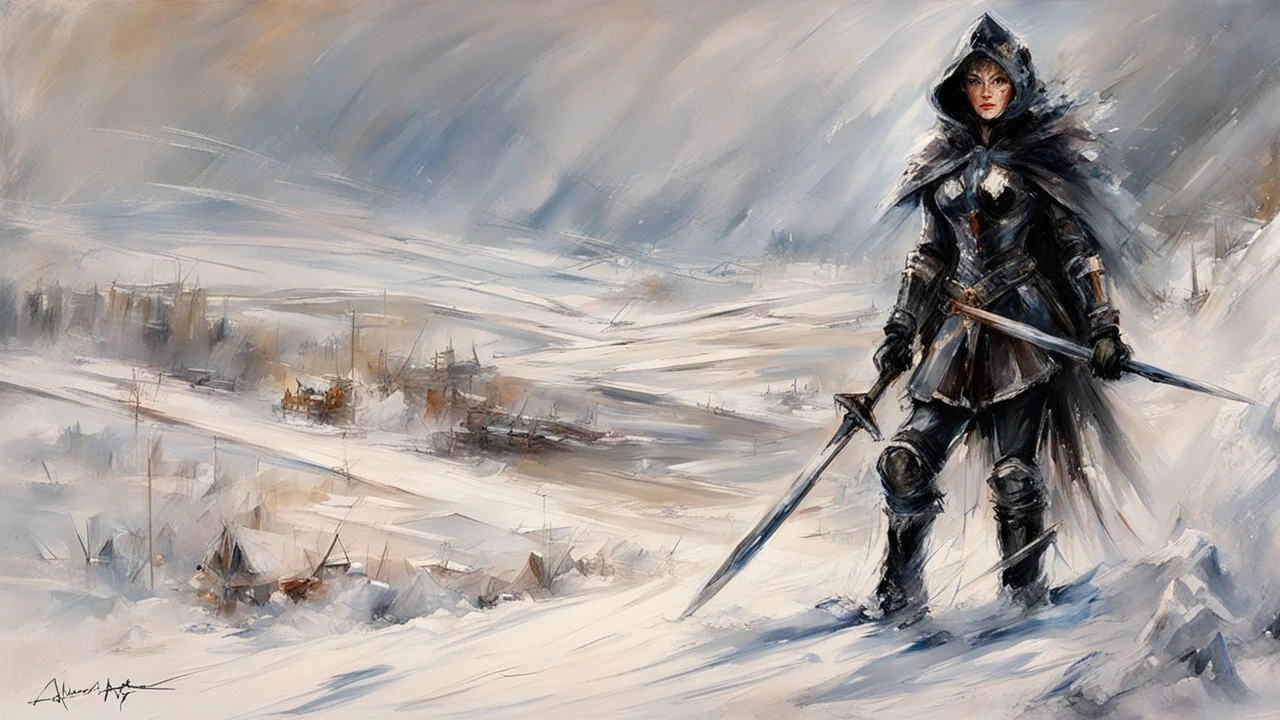 a warrior woman in black armor on the background of a cold snow-covered country, ice and crystal, frost and snow, oil and pastel, by Leonid Afremov & William Kentridge & Anna Razumovskaya