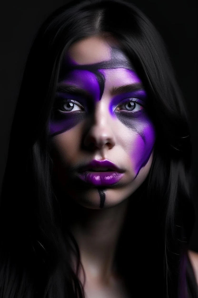 Purple girl face with rubber effect in all face with black long rubber effect hair