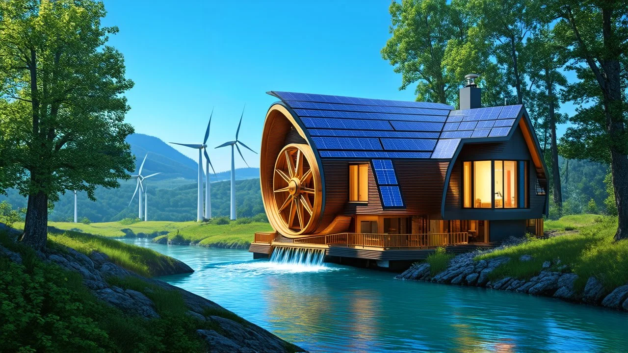 2031. Innovative environmentally-friendly happy home, solar panels, water wheel in river, alternative energy, wind turbines, scientific experiment, home of the future, amazing curved geometric architecture, fantasy, robotic, magic, automated, spectacular, futuristic, practical, beautiful lighting, attractive composition, photorealistic, extremely detailed, chiaroscuro, award-winning photograph