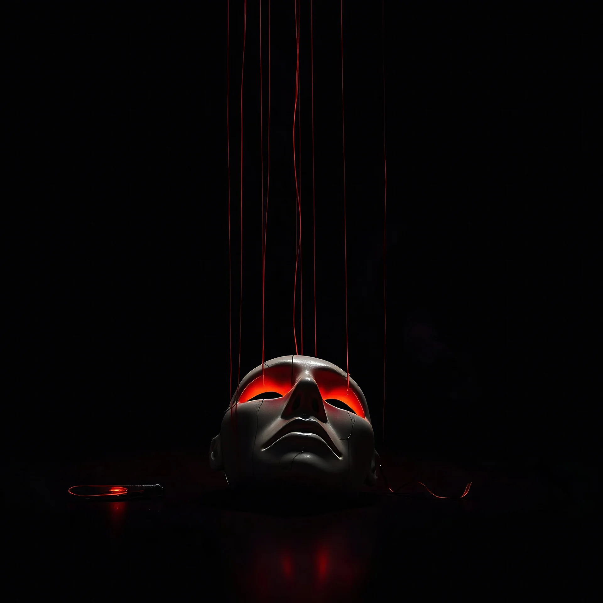 Solid black background. A cracked puppet mask lies on the floor, thin glowing red strings attached to it, leading upward into darkness. Subtle smoke and reflections, moody cinematic realism, symbol of hidden control and loss of self.