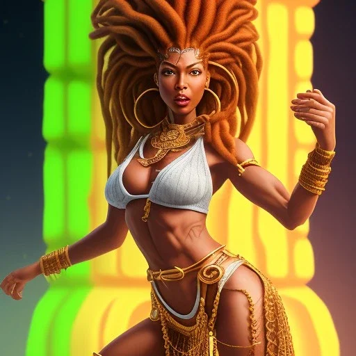 dhalsim as woman with dreads,big pile of melons,small hands, maze background , levitated lab equipment, 4k, Highly Detailed, Masterpiece, perfect eyes, Digital Illustration, Cinematic Lighting, Realistic, Sharp Focus, Centered, Beautifully Lit, Bioluminescent by Stanley Artgerm Lau