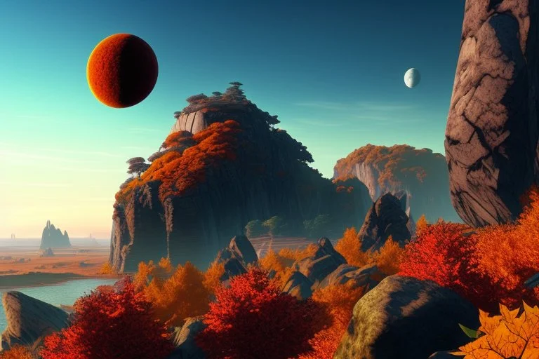 autumn vegetation, exoplanet in the horizon, big stones, cliff, science fiction.