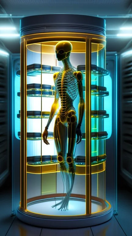 Sleeper in tube cabinet made of glass filled to the top with honey coloured liquid , in a laboratory inside it a half alien and a half human creature body standing vertically inside , connected with wires and electrical wires , the human standing in side, a high tech equipment in the background ,4K, cinematic, high resolution