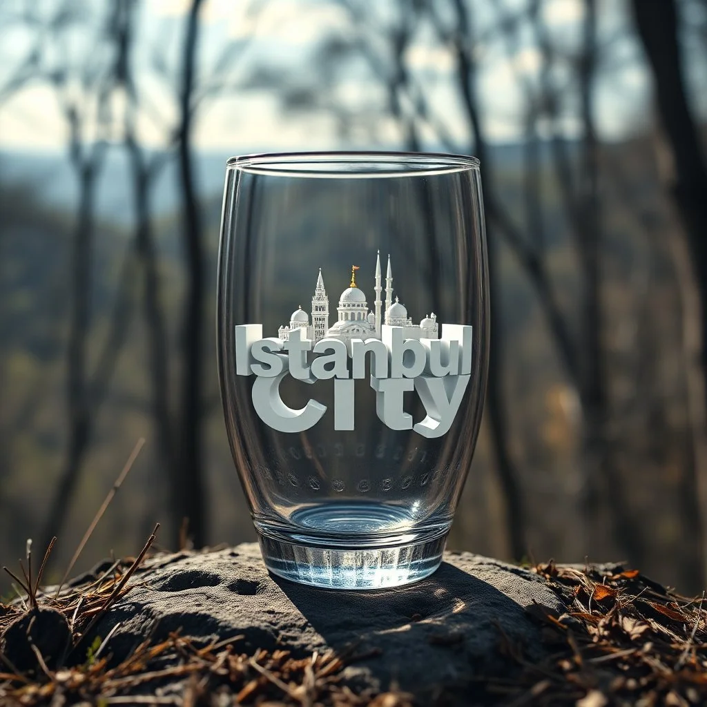 Create hyper-realistic photo of a glass tumbler in a wild forest. Inside, a miniature [Istanbul] with landmarks. A sleek white 3D text of [City] blends naturally into the landscape in background. Soft bright daylight, reflections, and subtle imperfections like fingerprints. DSLR quality, sharp focus.