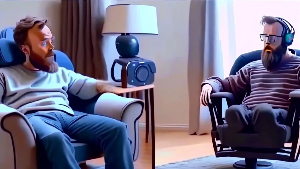 man sitting ALONE in his lazy boy chair at home argues with his AI clone on the phone