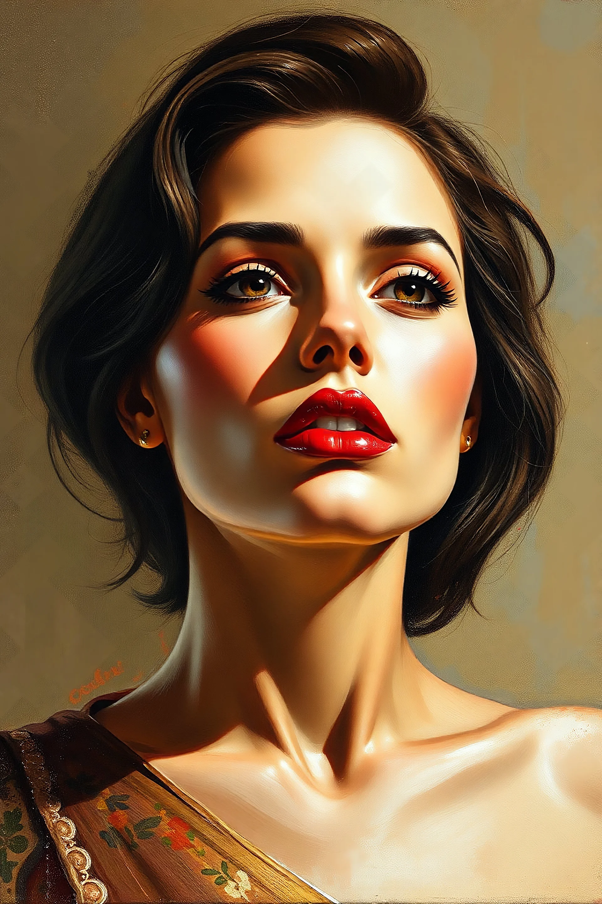 create the face of a woman from head to waist, oil on canvas, in the art style of Frank Frazetta