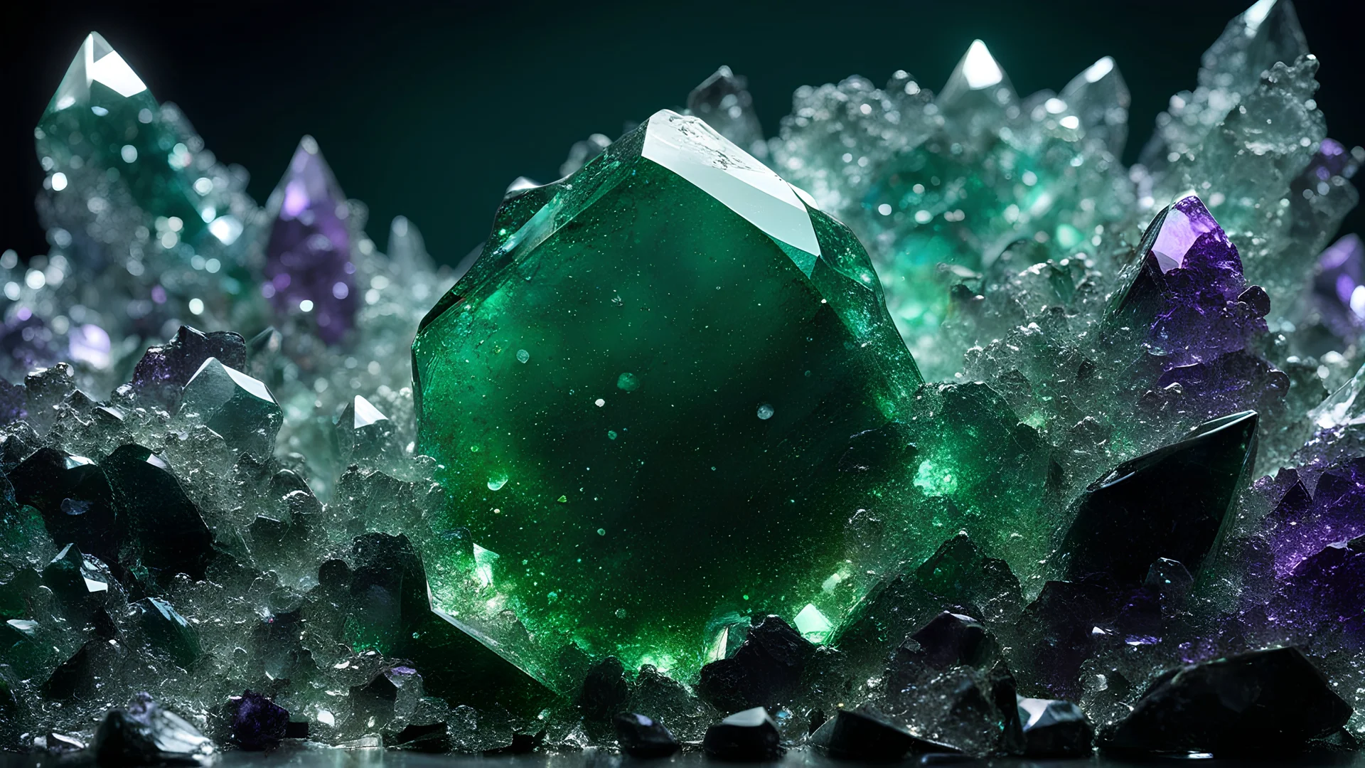 dark_green_prasiolite_amethyst_crystal, glowing, darkness_swirling, pulsating_energy, druzy crystals glittering, masterpiece, best quality, highly detailed, sharp focus, dynamic lighting, vivid colors, texture detail, particle effects, storytelling elements, narrative flair, 16k, UE5, HDR, subject-background isolation, highly aesthetic appeal