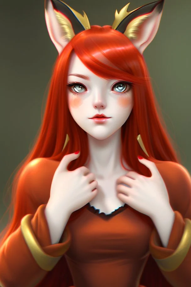 A young adult female with red hair and gold eyes, fox ears