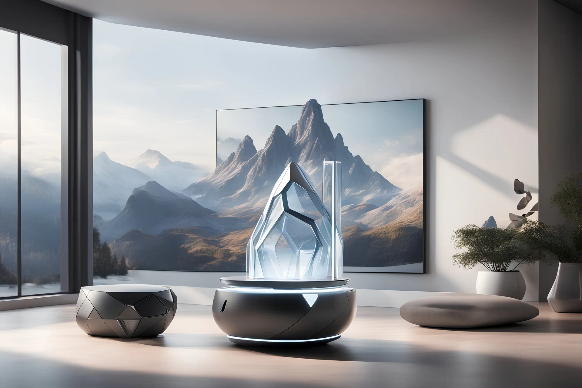 A futuristic with interwoven components that allow for wirelessly controlled temperature settings, featuring clean lines and modern design. Set the scene alongside a (smartphone) for reference. Put a mountain landscape in the background