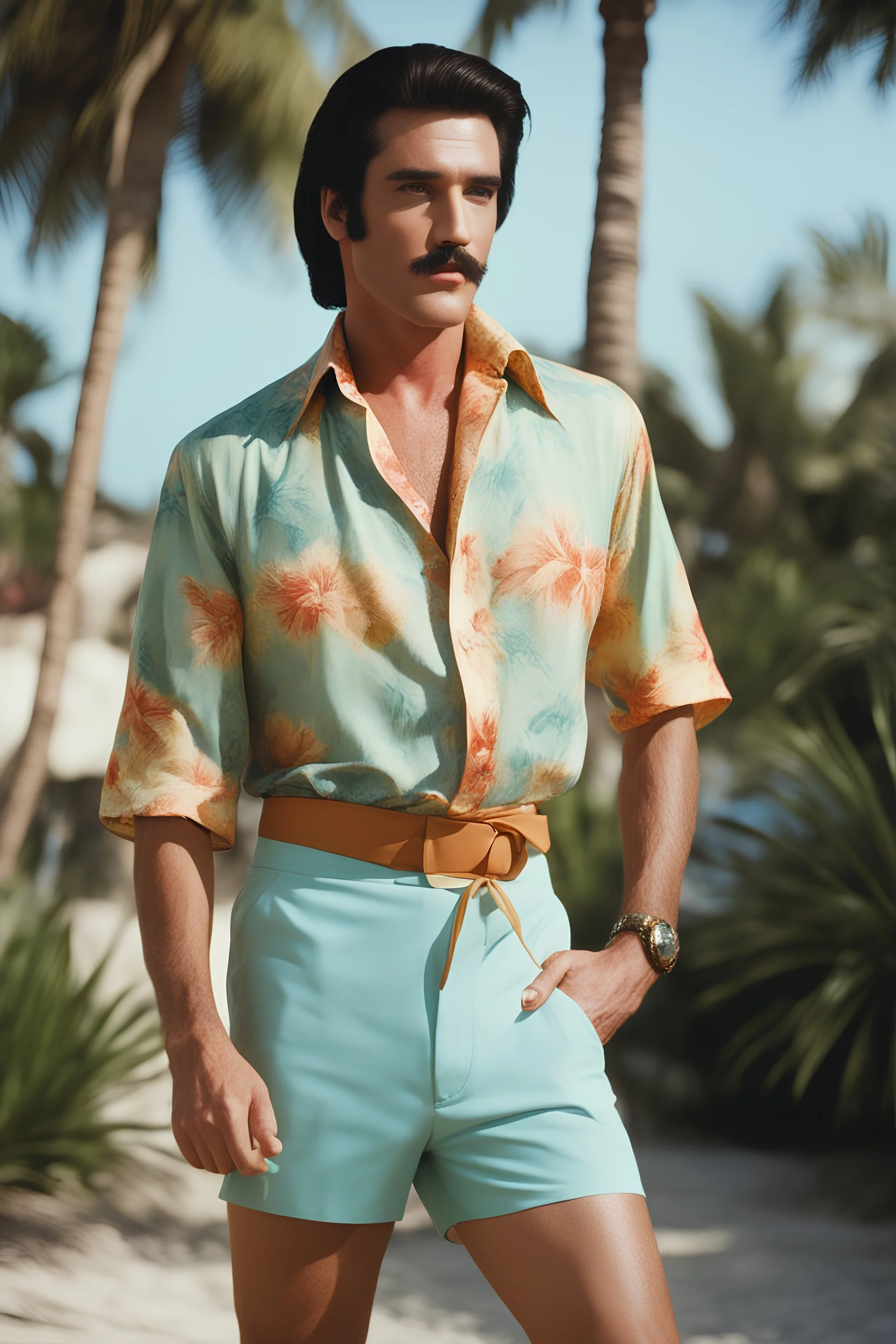 Elvis Presley with medium length bob-styled brown hair, a mustache, wearing a Hawaiian shirt and Bermuda shorts- well-lit, UHD, 1080p, professional quality, 35mm photograph by Scott Kendall