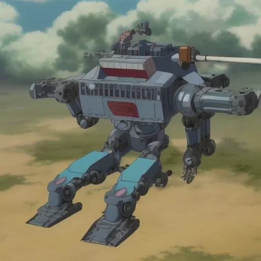 mecha with tracks for a tank. His body is armor and his hands are machine guns. The robot head has glass and the driver is an animal