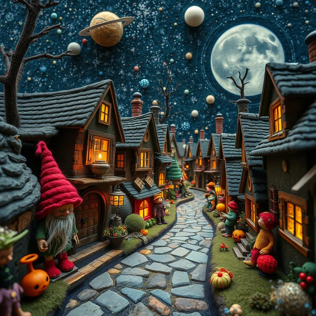 Photograph hasselblad h6d400c --ar 85:128 --v 6.0 of a fairy old bewitched street village, trolls, made of felt art, tiltshift, 3d deep field, Yves Tanguy, galaxies and planets, needlepoint, Joan Miró, odd, abstract, expressionist style, colorful