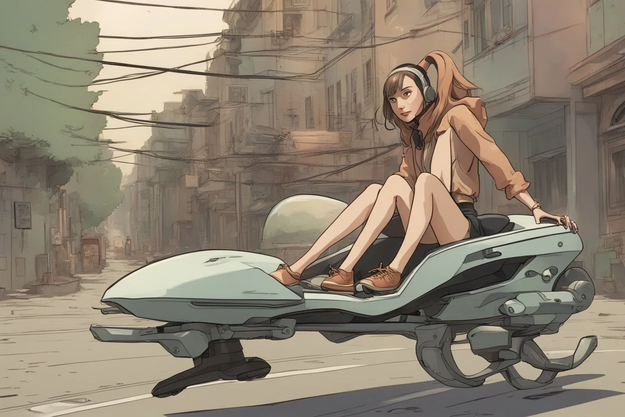 young woman astride a large hoverbike, with no wheels, floating on an alien street